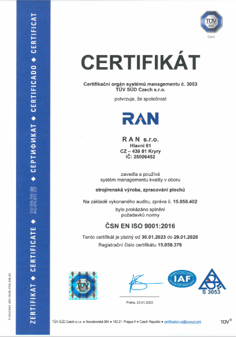 Náhled certifikátu systému managementu ČSN EN ISO 9001